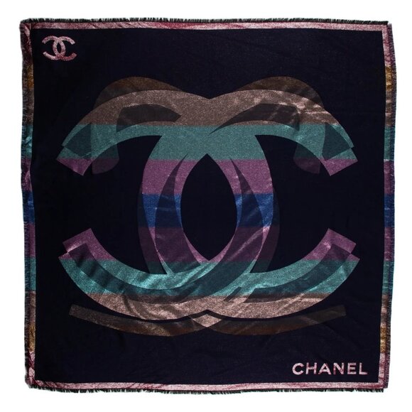 CHANEL CC Logo LARGE Cashmere Silk Metallic Shawl - Picture 1 of 14